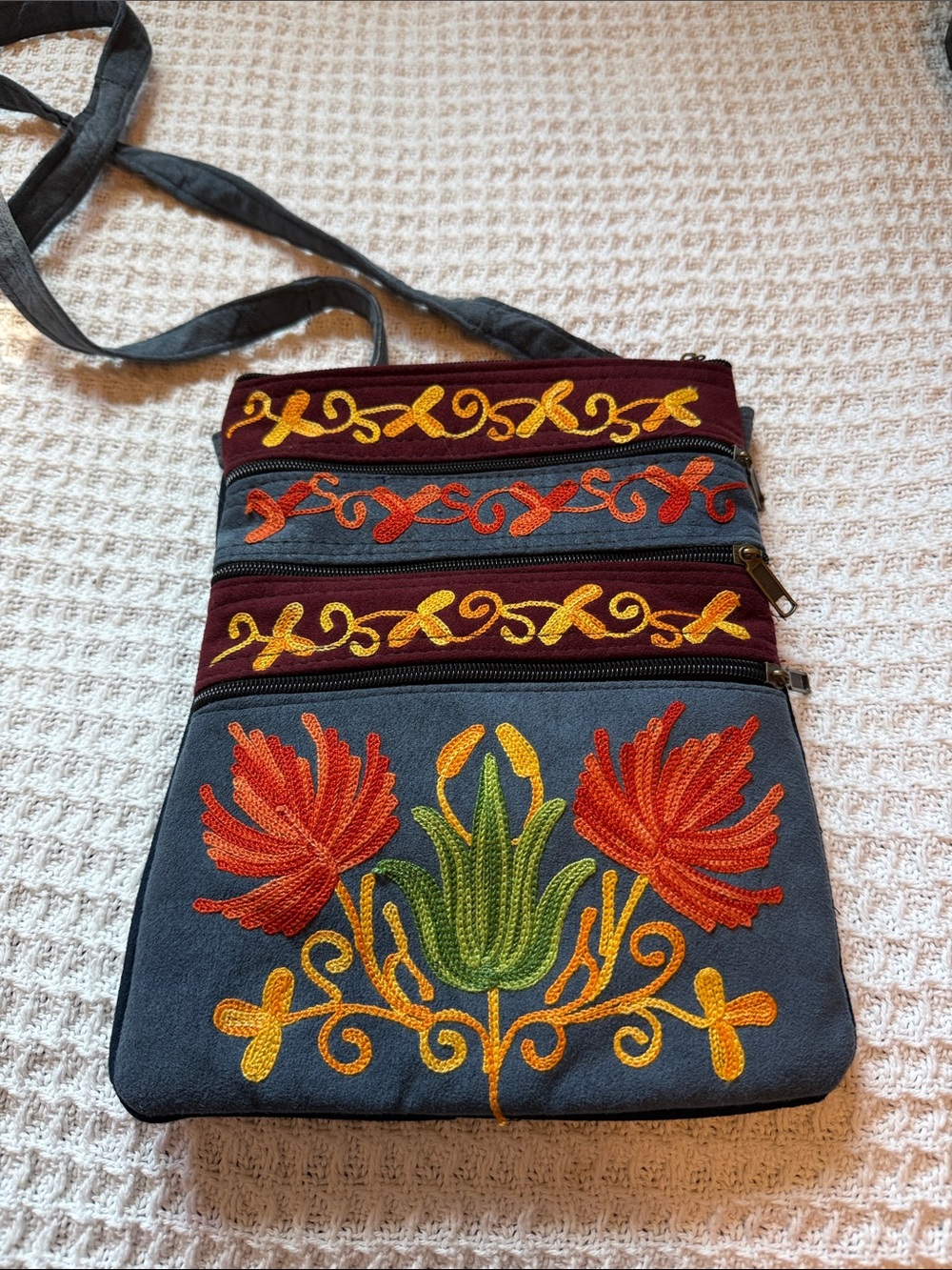 Hand Crafted Embroidered Crossbody Bag - Blue, Red, Yellow, Green